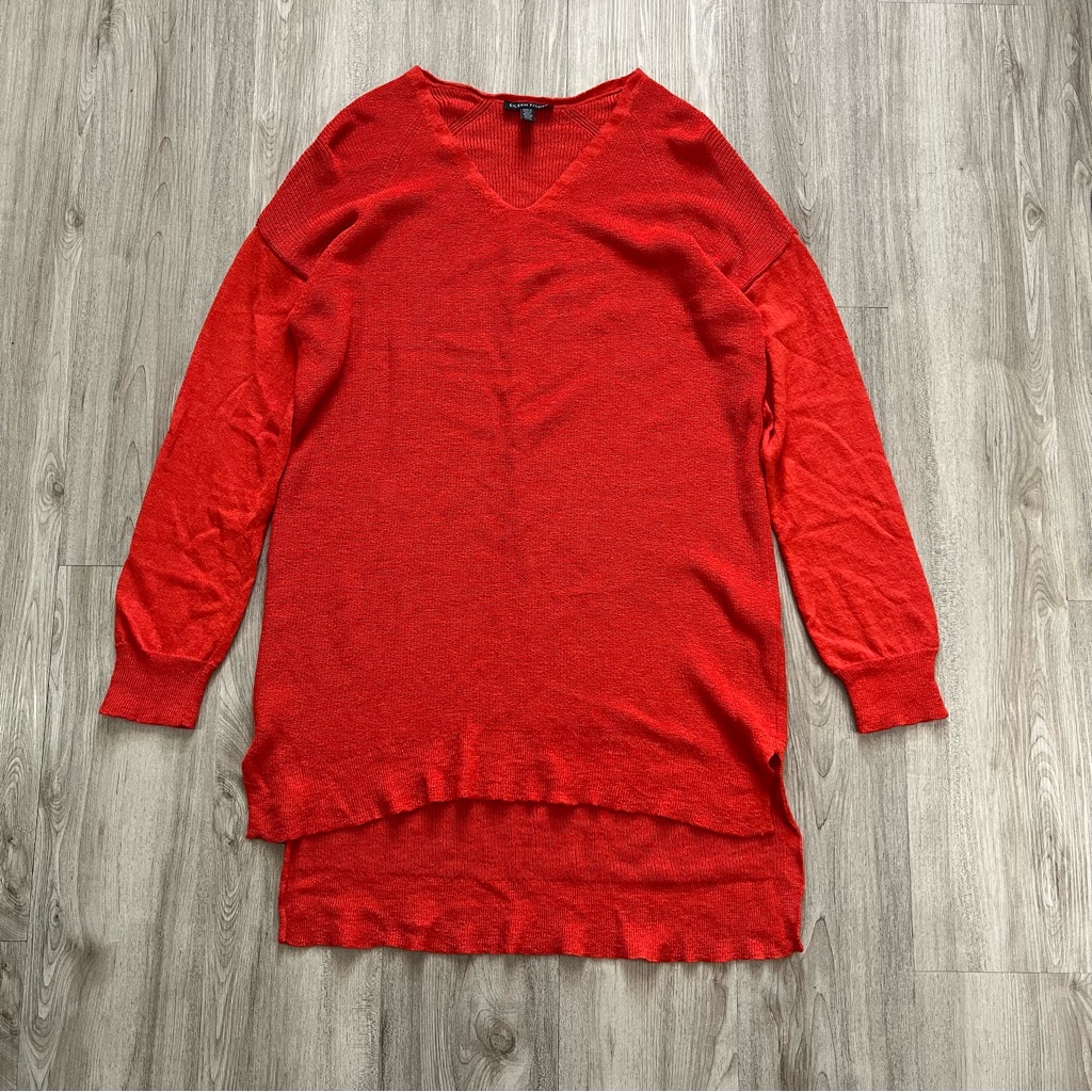 $278 Eileen Fisher 100% Wool V-Neck Red Orange Tunic Sweater Womens Size Medium